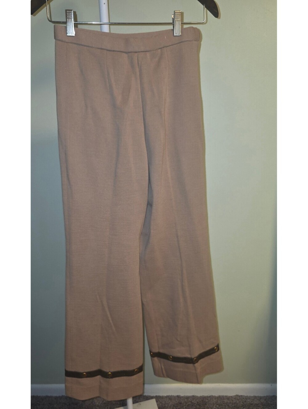 VTG 100% Wool Tan Wide Leg Pants with Studded Trim